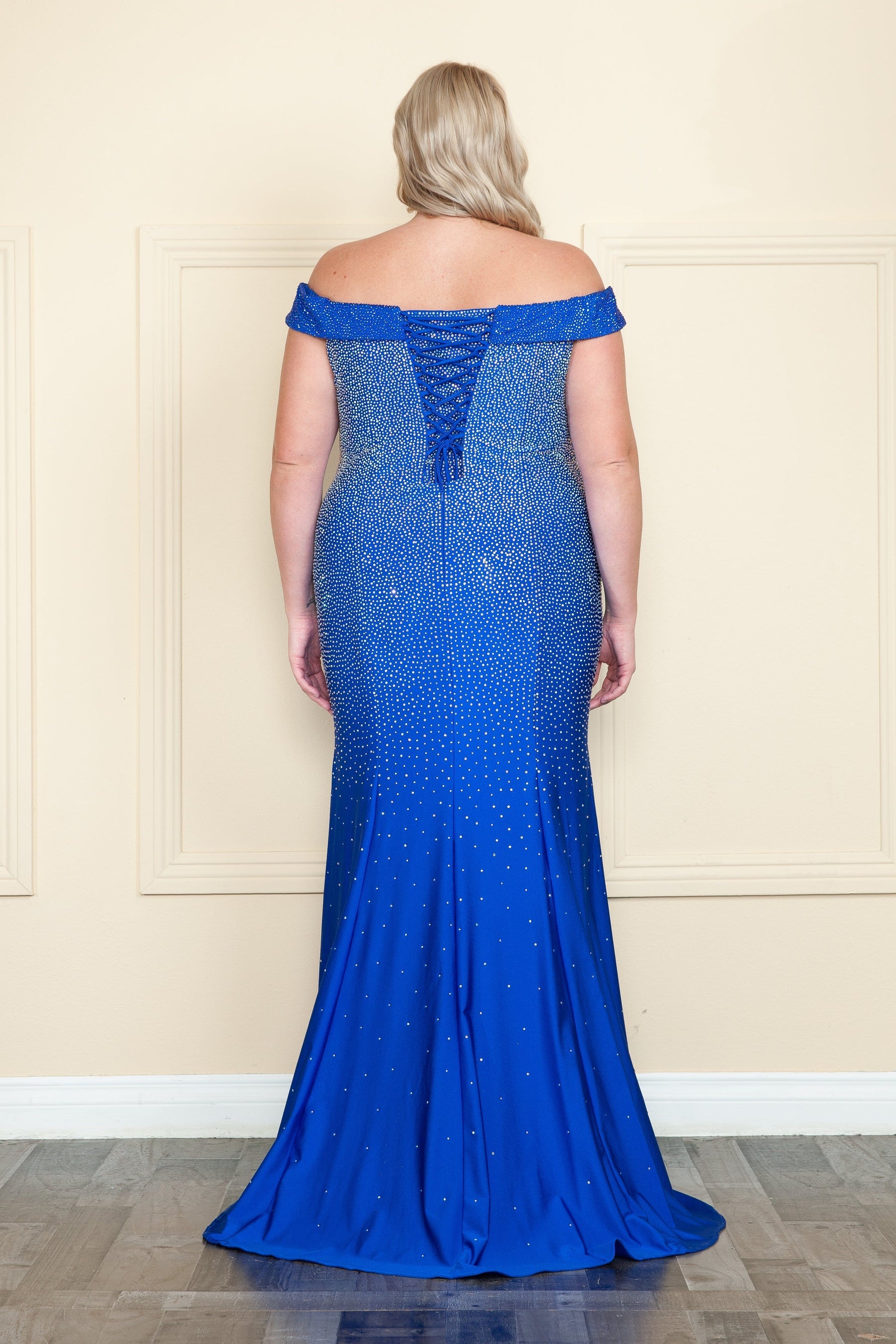 Royal Off-the-Shoulder Floor-Length Sequin Prom Gown with High Slit Plus Size Dress Poly USA W1120