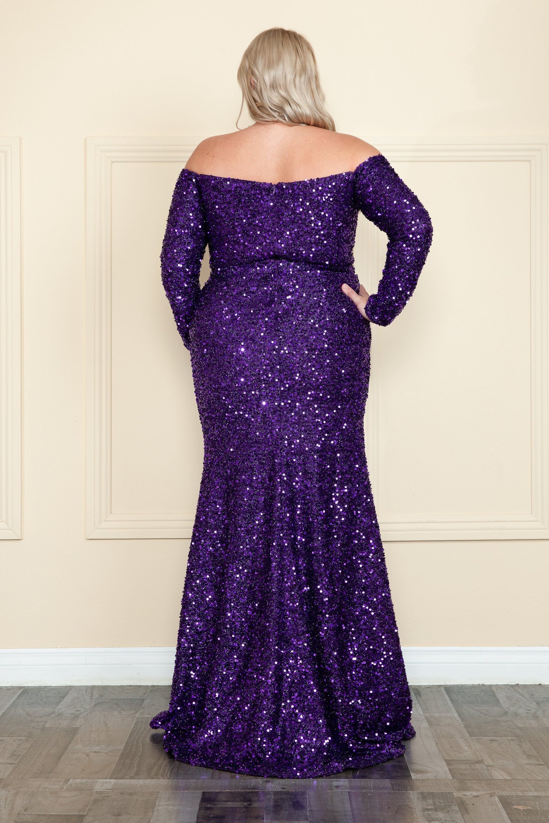 Purple Off-the-Shoulder Floor-Length Sequin Velvet Prom Gown with Sweep Train Plus Size Dress Poly USA W8876