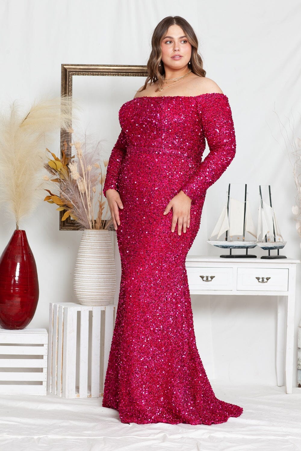 Red Berry Off-the-Shoulder Floor-Length Sequin Velvet Prom Gown with Sweep Train Plus Size Dress Poly USA W8876