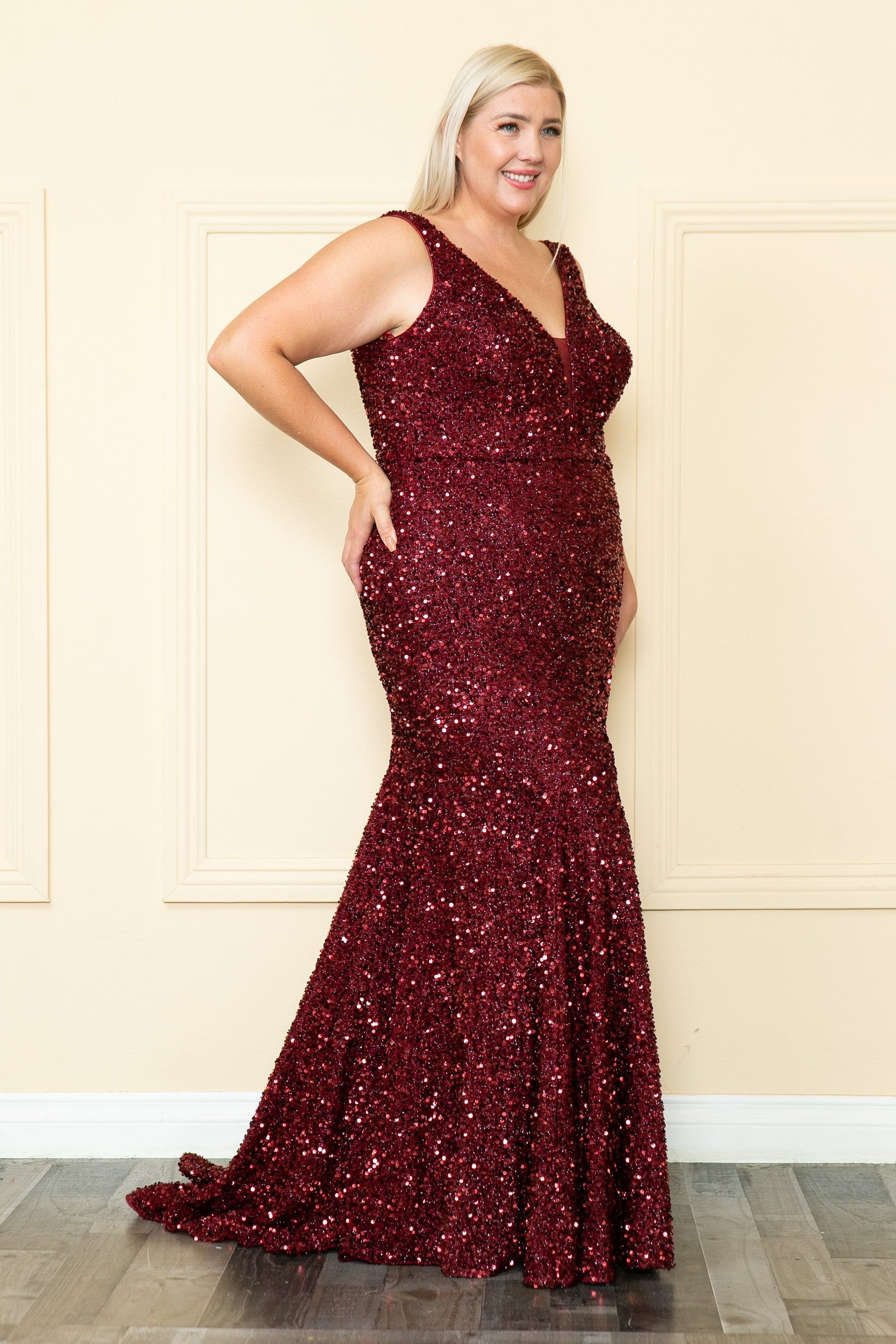 Wine V-Neck Floor-Length Sequin Prom Gown with High Slit Plus Size Dress Poly USA W1122