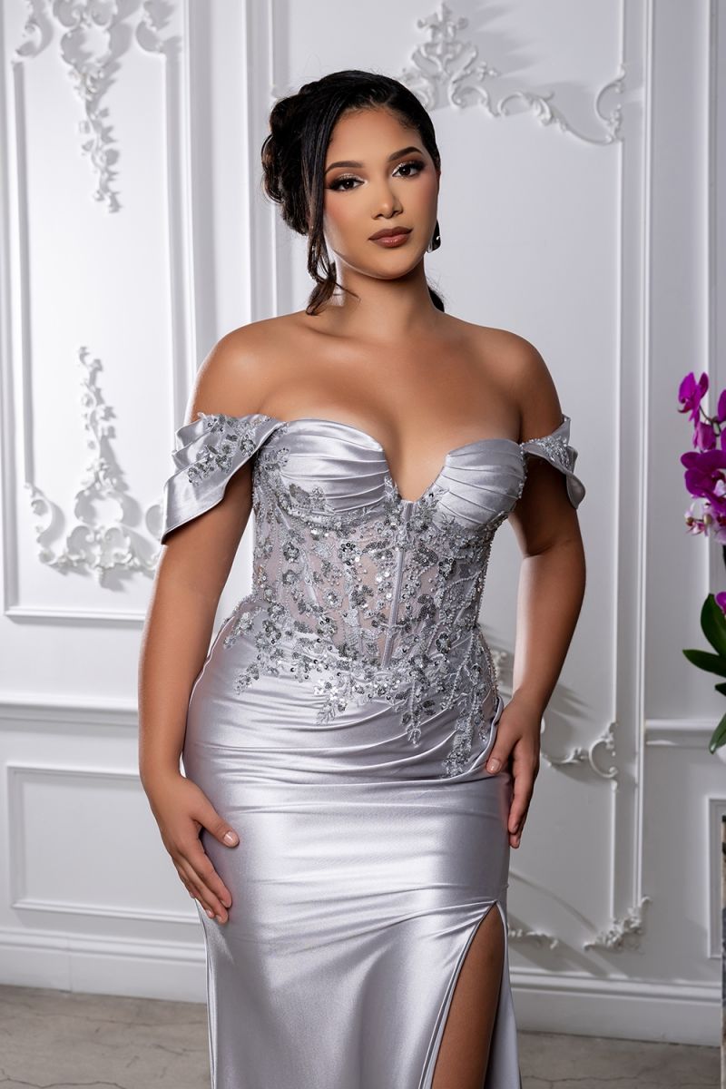 Off-the-Shoulder Floor-Length Satin Formal Sheath/Column May Queen 2181
