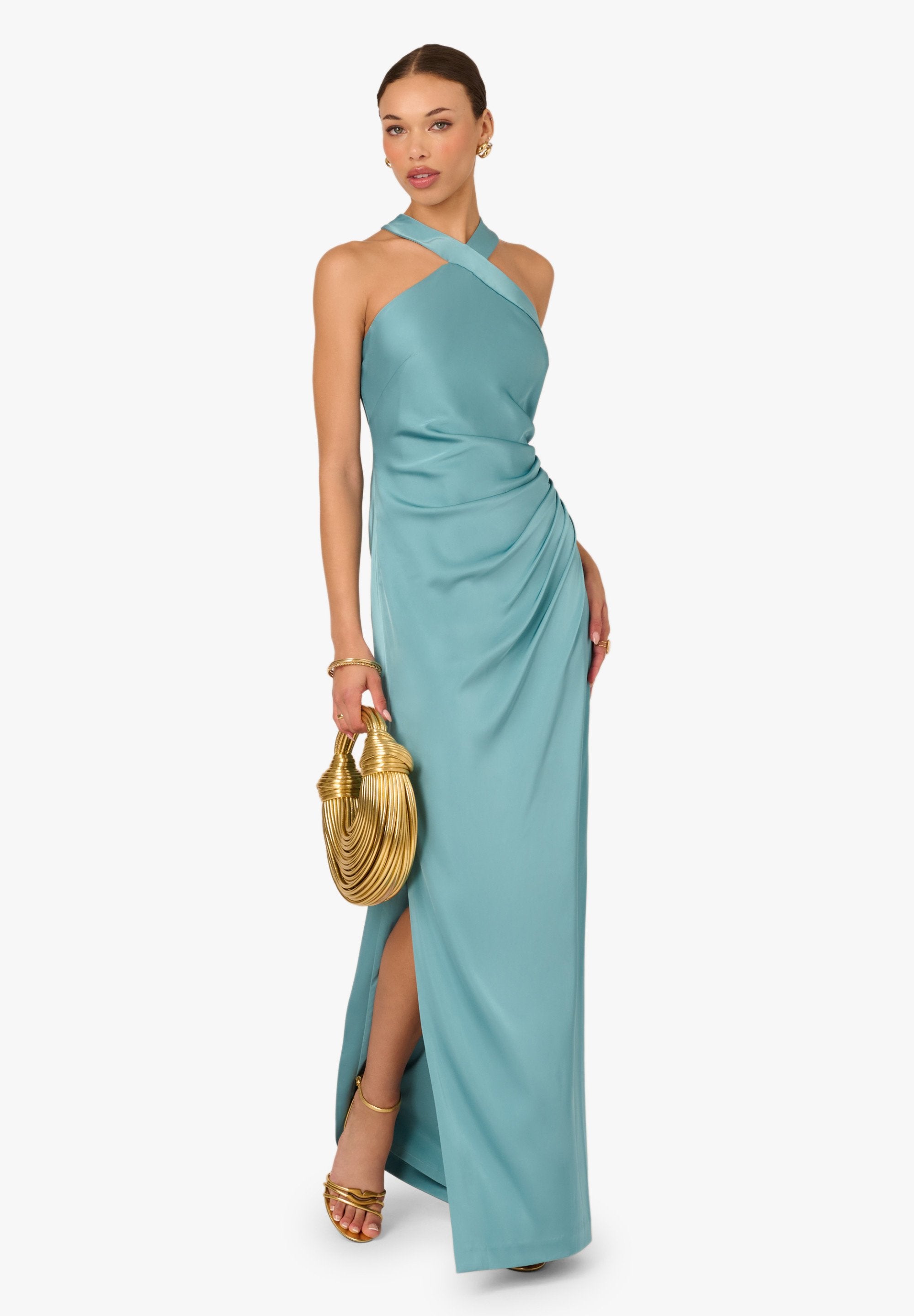 Blue Heaven Adrianna Papell ADAE213052 Halter Floor-Length Satin Formal Dress Slit