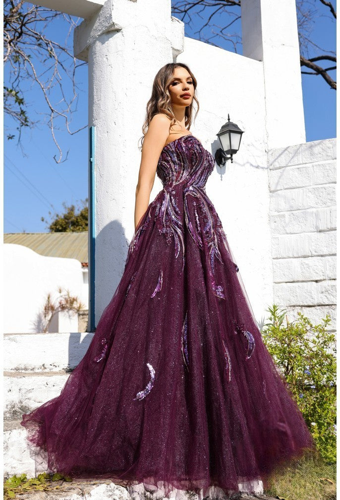 Prom Dresses A Line Long Ball Gown Formal Beaded Prom Dress Aubergine