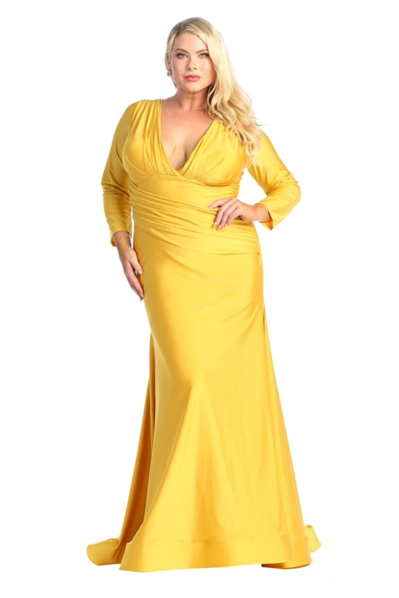 Mustard Plunging V-Neck Floor-Length Jersey Formal Long-Sleeve Gown May Queen MQ1833