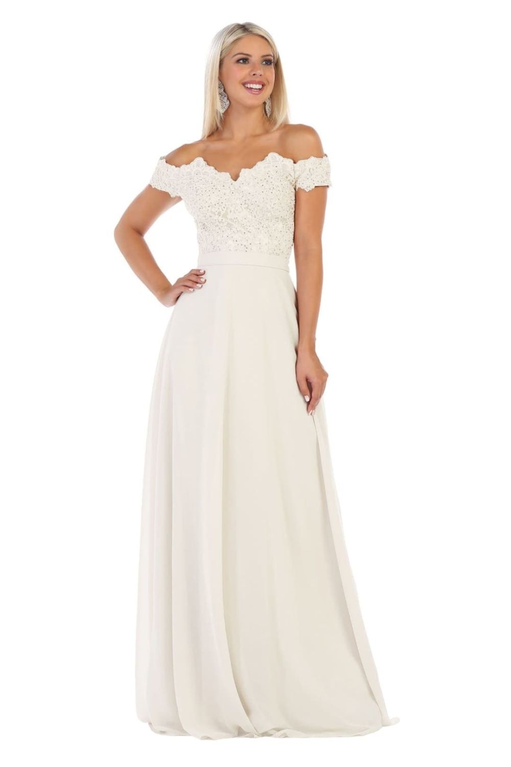 Ivory May Queen MQ1601 Off-The-Shoulder Floor-Length Chiffon Wedding Beaded Gown