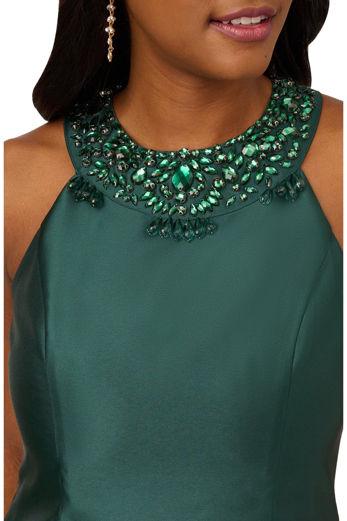 Dark Forest Adrianna Papell AP1E201904 Jeweled High-Neck Satin Cocktai Dress High-Low