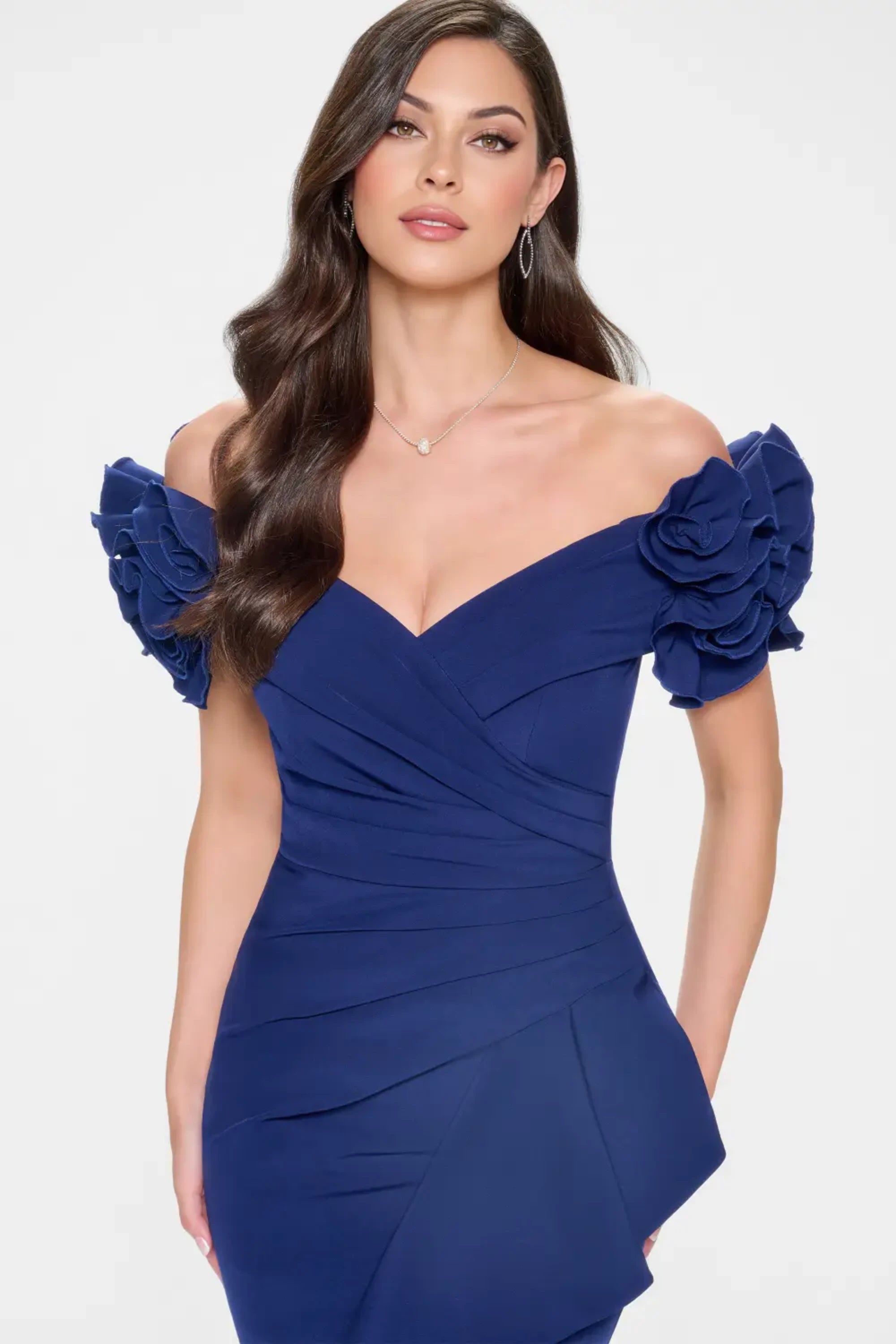 Formal Dresses Pleated Long Formal Slit Evening Gown Navy Blue