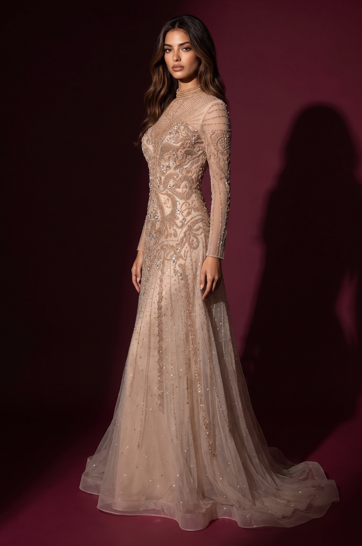 Formal Beaded Couture Long Sleeve Evening Gown