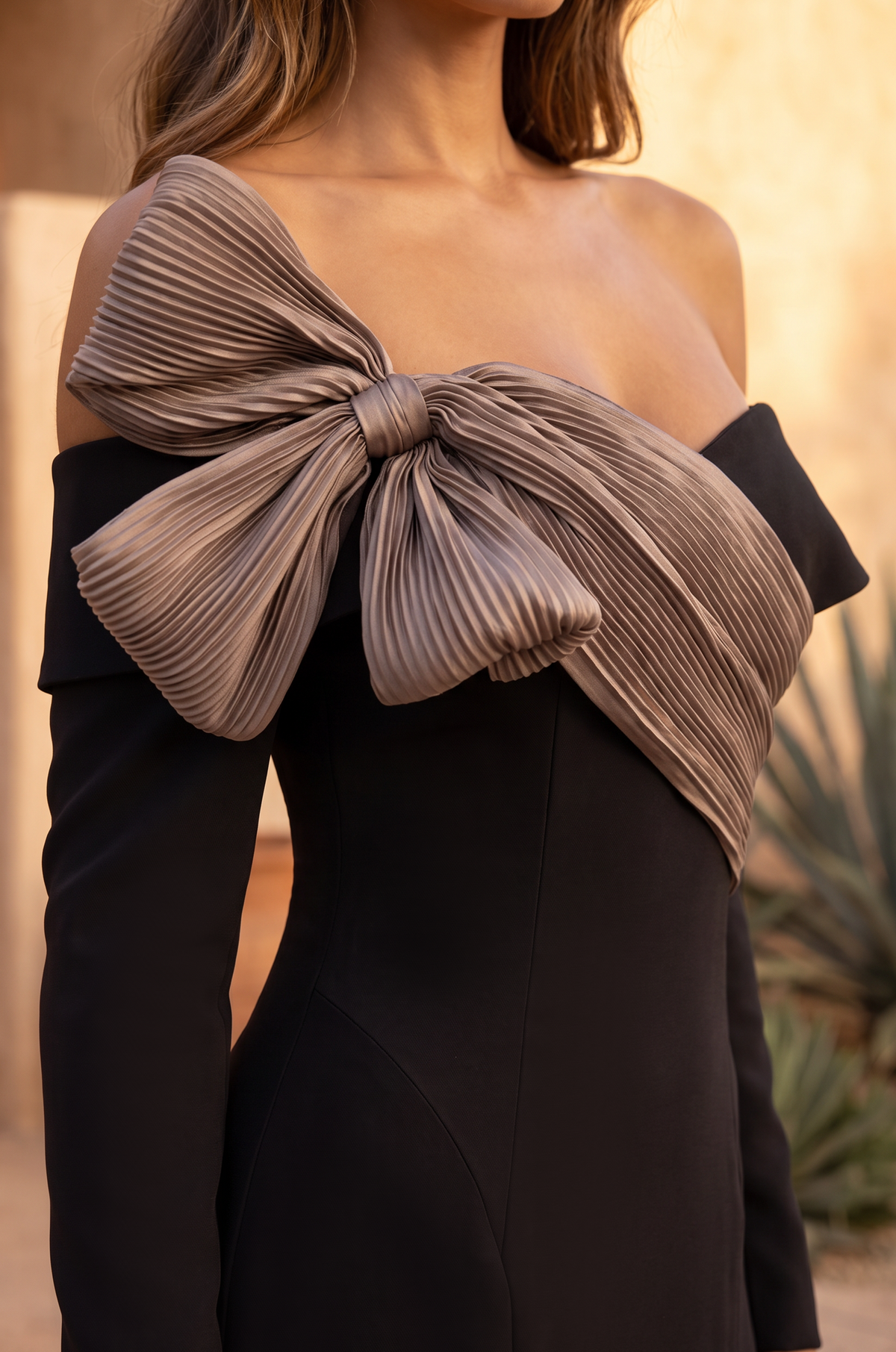 Black and Deep Brown off-the-shoulder bow mermaid gown