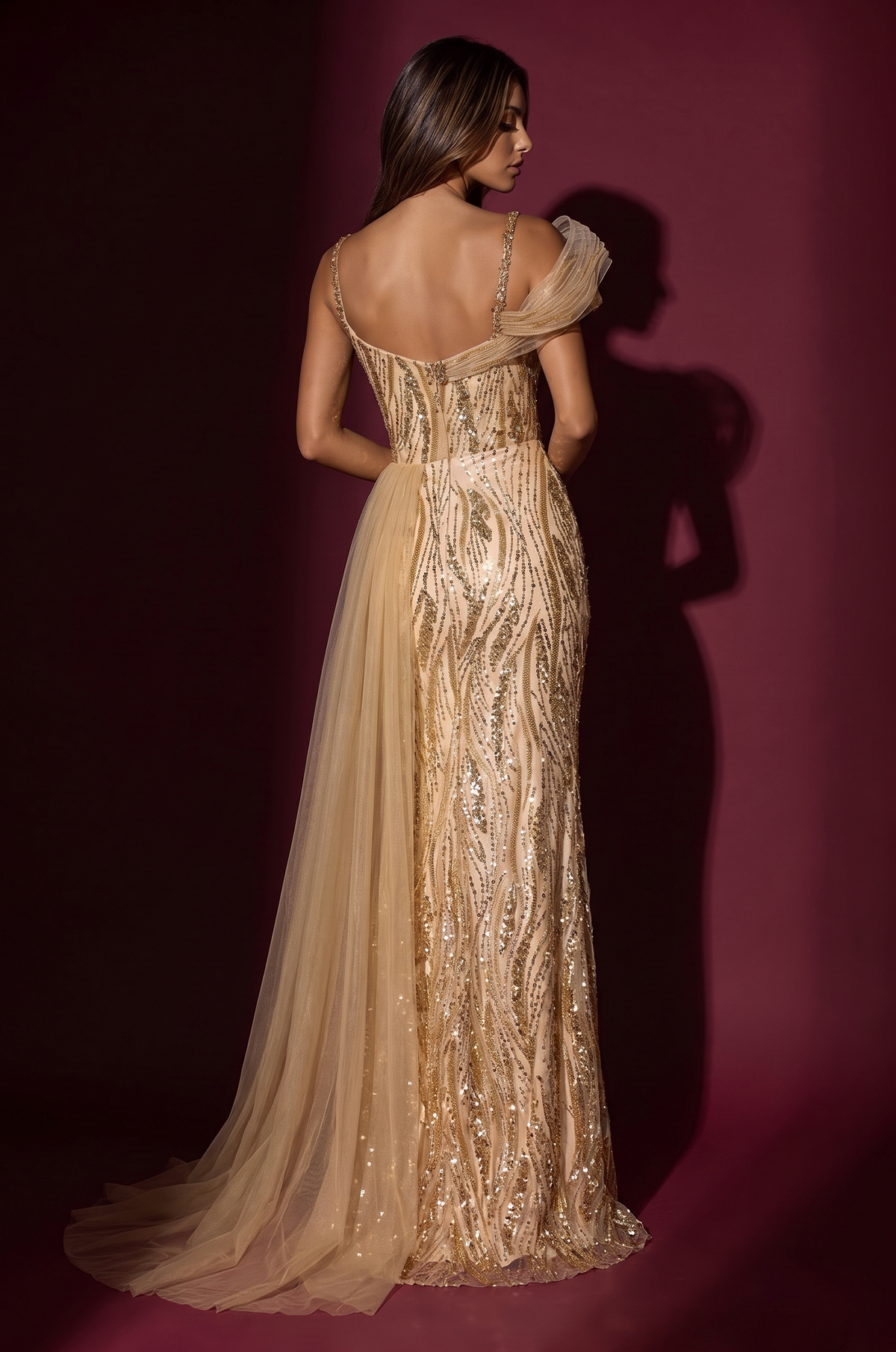 Formal Fitted Overskirt Evening Couture Gown, back view