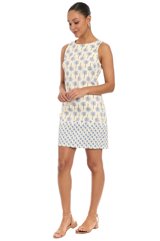 London Times 10364M Blue Palm Trees Sleeveless Shift Dress