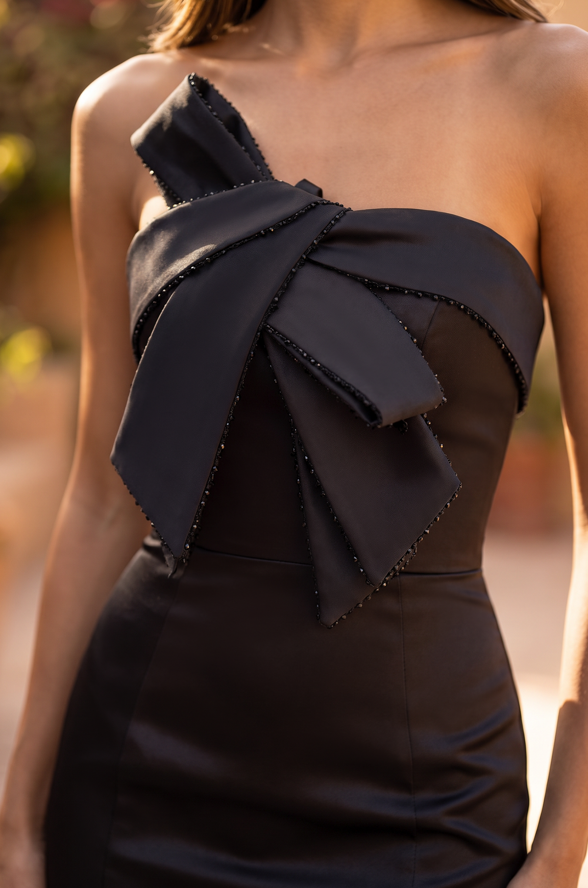 Strapless Bow Satin Fitted Formal Dress
