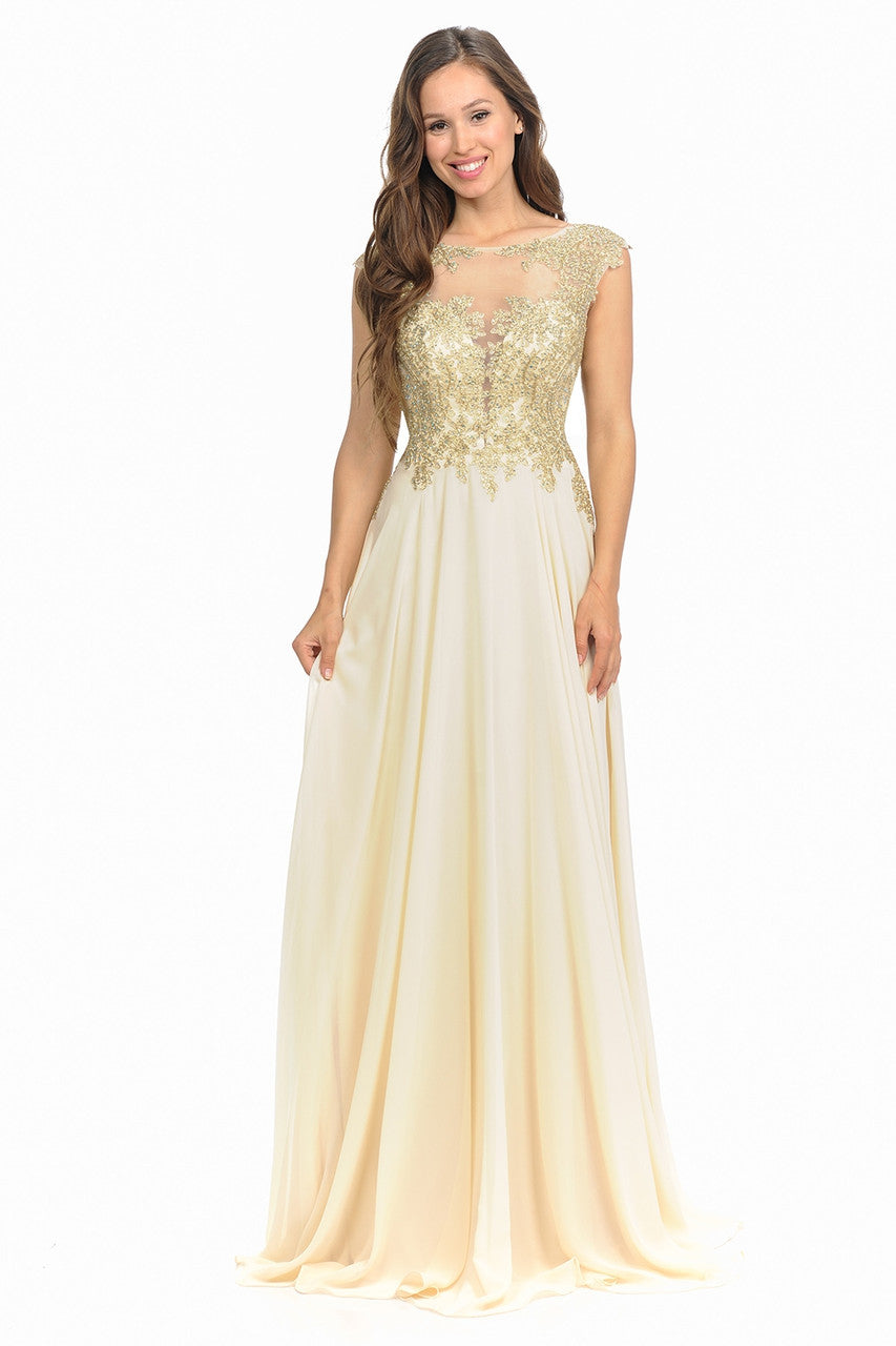 Formal Dresses Long A Line Lace Applique Prom Dress Lenovia 8123 Champagne Gold