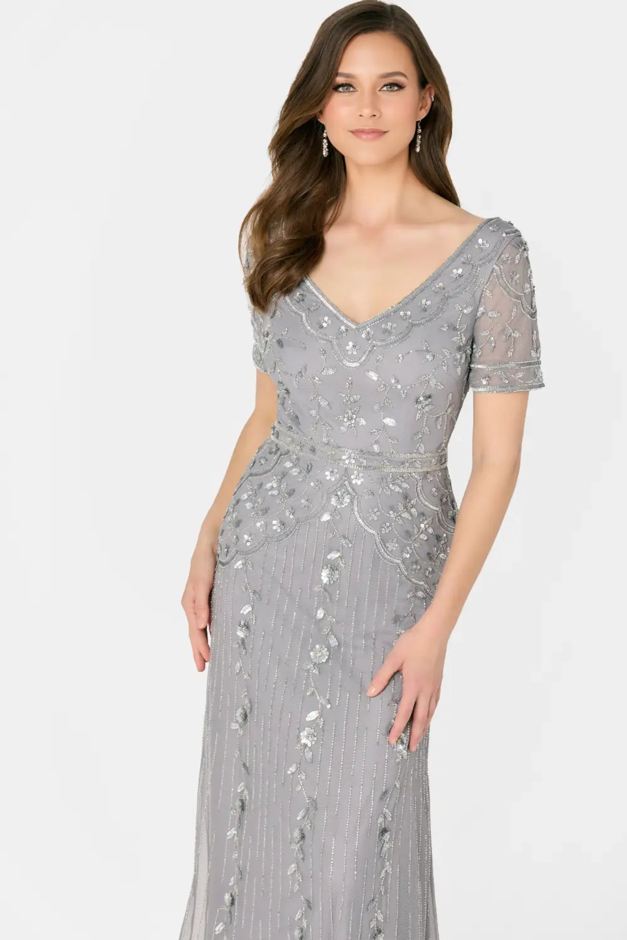 Formal Dresses Beaded Long Floral Sequin Evening A Line Dress Platinum