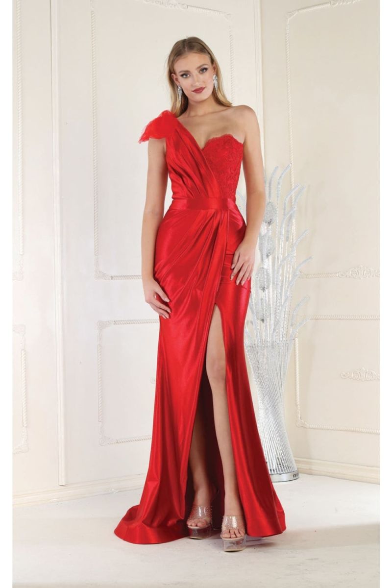 One-Shoulder Floor-Length with Train Satin Prom Sheath/Column May Queen RQ7962