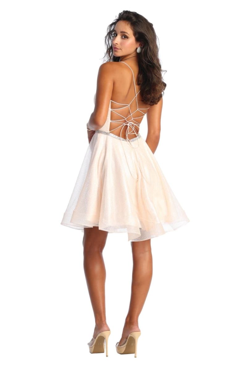 Blush V-Neck Short Glitter Cocktail Rhinestone Dress May Queen MQ1907