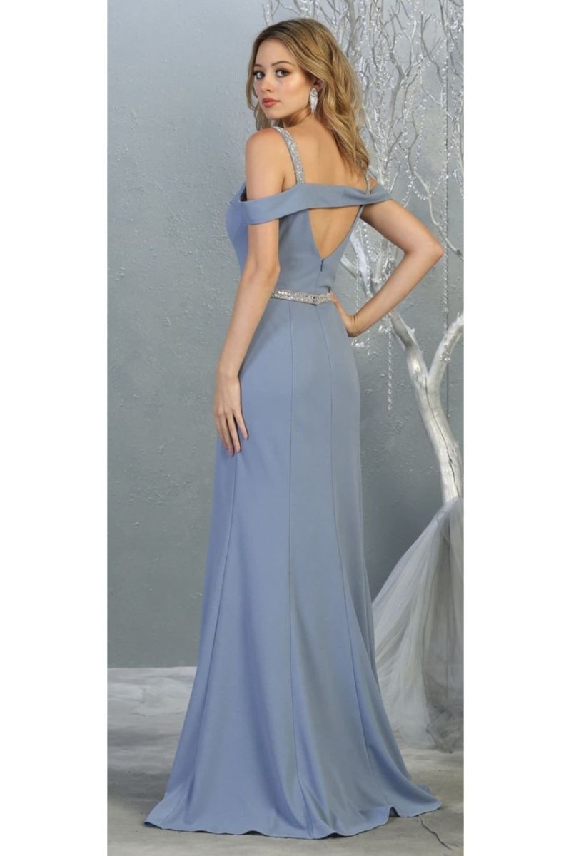 Dusty Blue Cold-Shoulder Floor-Length Jersey Prom Dress May Queen MQ1765