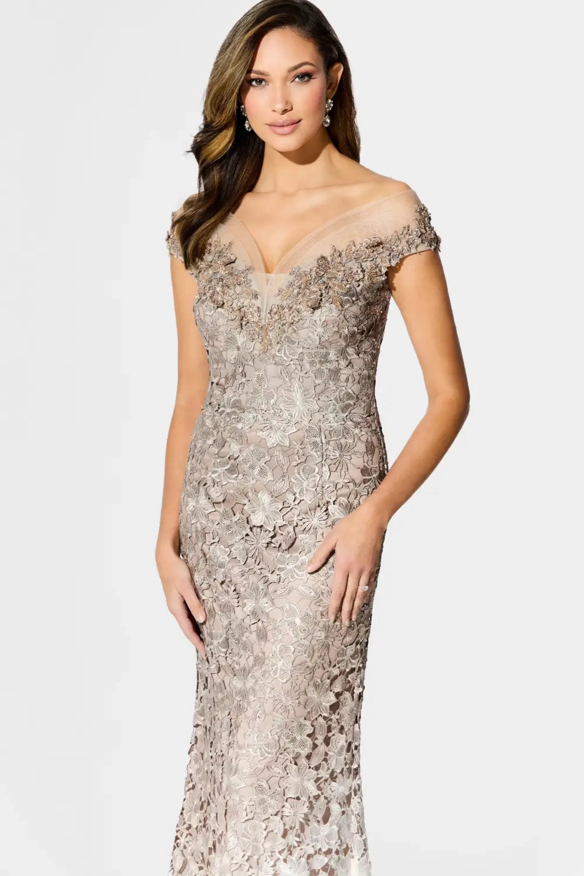 Formal Dresses Long Formal Beaded Lace Ombre Evening Gown Gold Ivory Ombre
