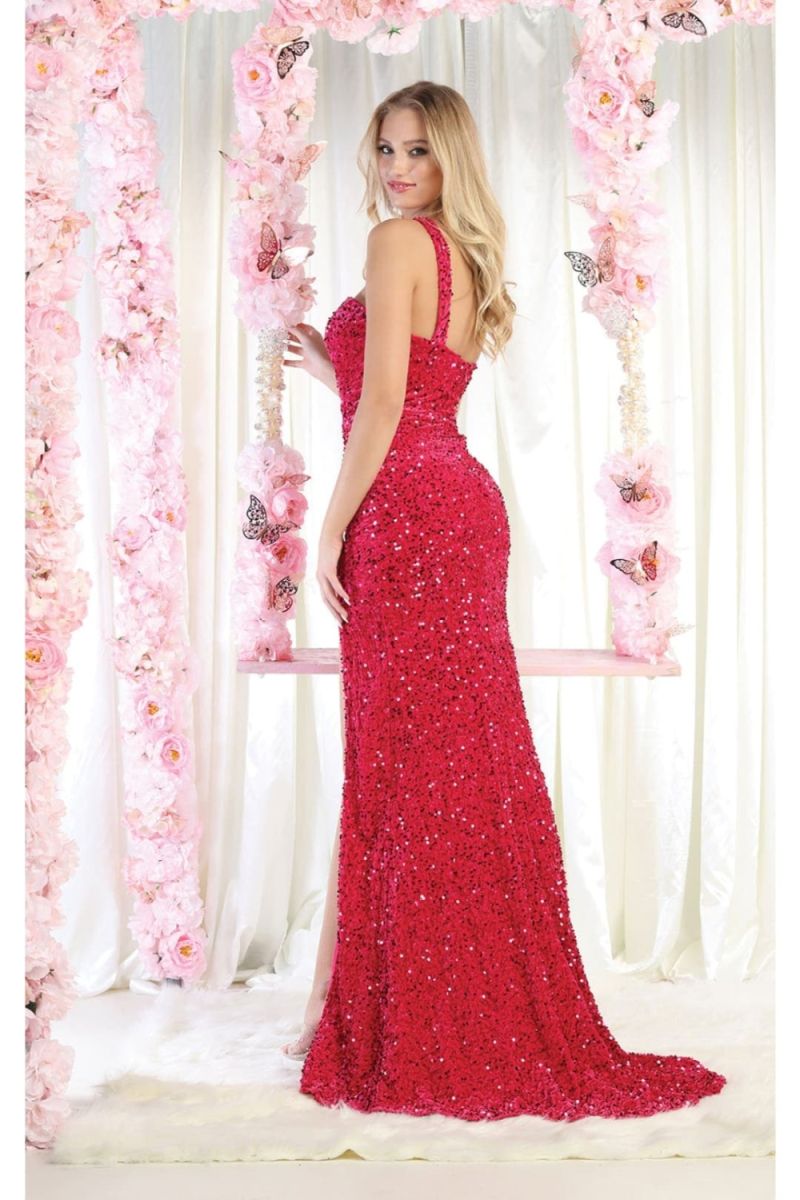 Fuchsia One-Shoulder Floor-Length Sequin Prom Dress High Slit May Queen RQ7978