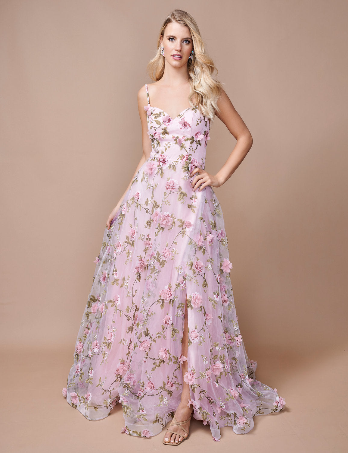 Prom Dresses A Line Long Formal Floral Print Prom Slit Dress Pink