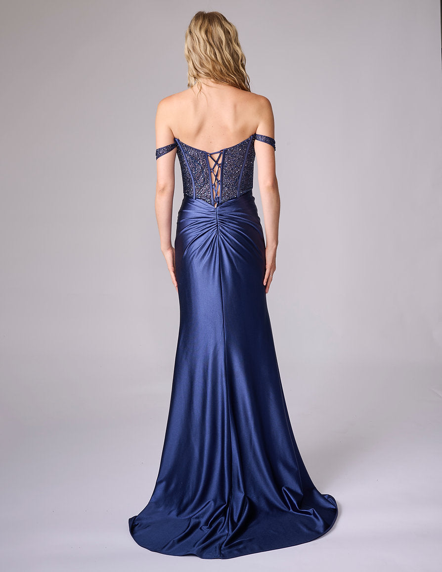 Prom Dresses Long Formal Prom Beaded Dress - Corset - Nina Canacci 8301 Navy-Satin-8301-Beaded
