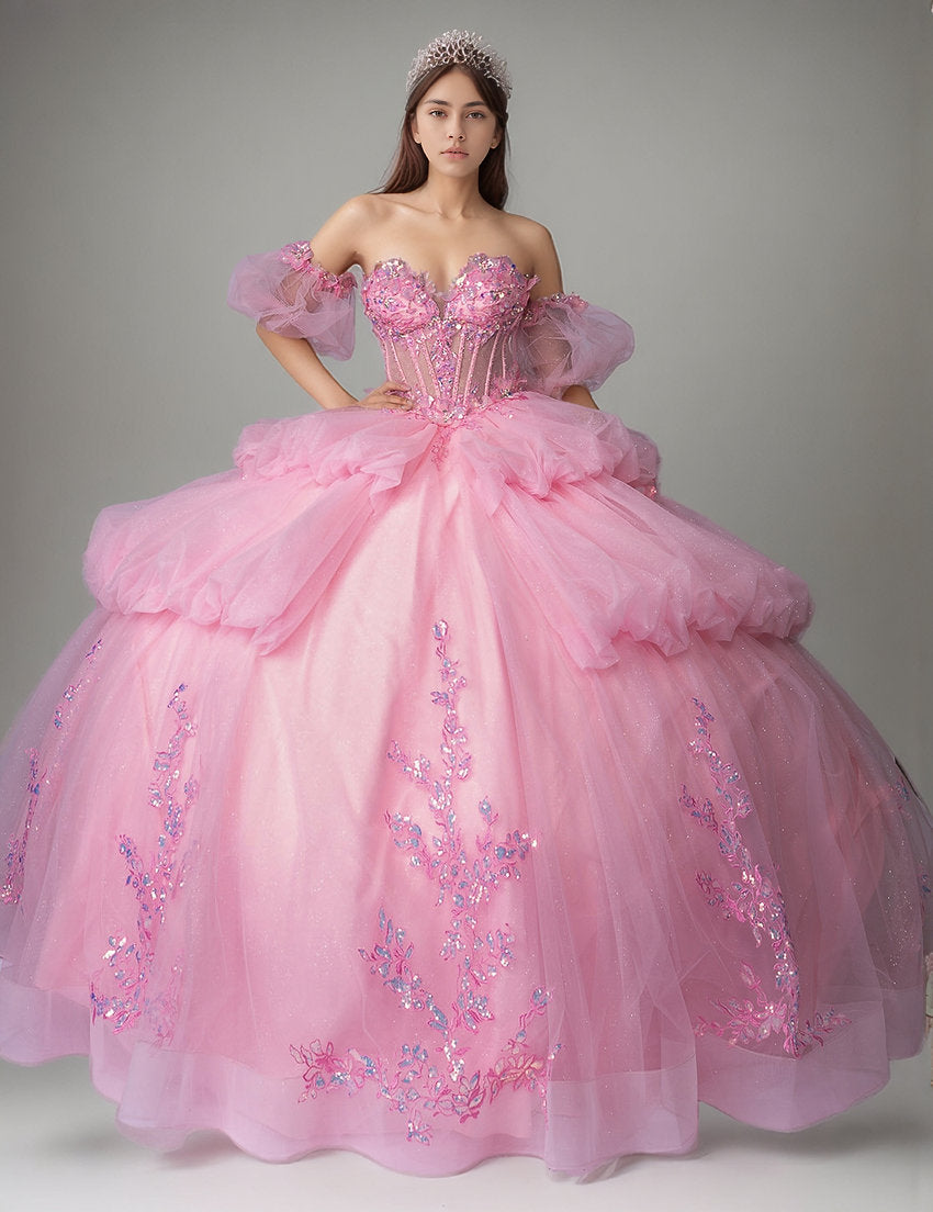 Quinceniera Dresses Long Beaded Corset Quinceniera Dress Nina Canacci Q134 Pink