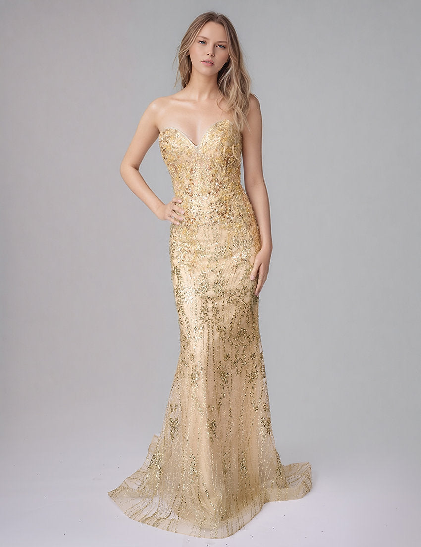 Prom Dresses Long Beaded Formal Prom Fitted Dress Nina Canacci 7661 Gold