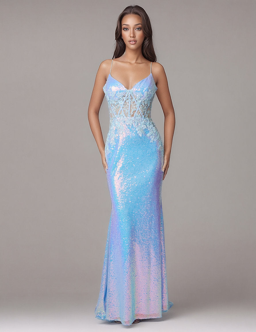 Prom Dresses Sequin Fitted Long Formal Prom Dress - Corset - Nina Canacci 8304 Light Blue-Sequin-8304-Floral