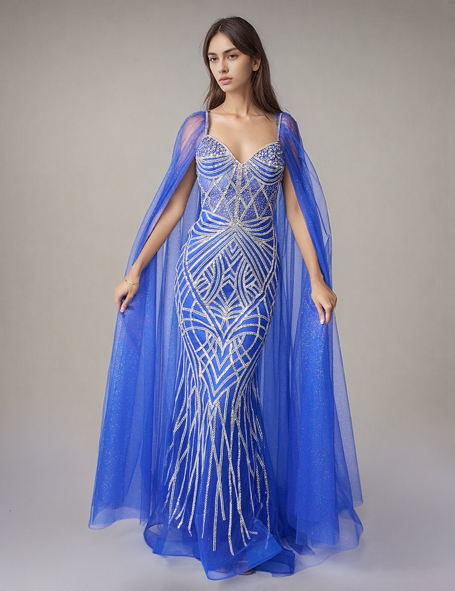 Mother of the Bride Dresses Beaded Long Formal Mother of the Bride Dress - Cape - Nina Canacci 8305 Royal/Silver-Satin-8305-Beaded