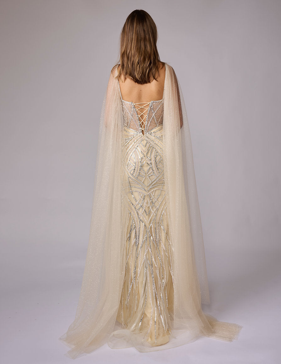 Mother of the Bride Dresses Beaded Long Formal Mother of the Bride Dress - Cape - Nina Canacci 8305 Champagne/Silver-Satin-8305-Beaded