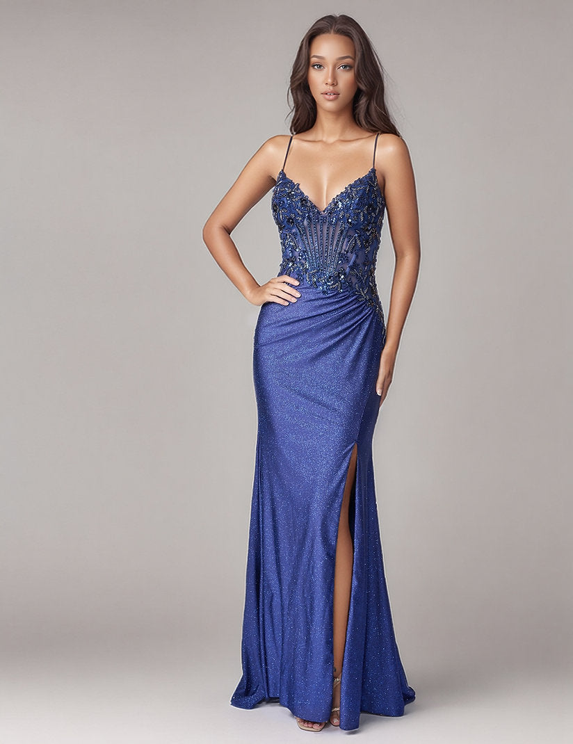 Prom Dresses Beaded Corset Long Slit Formal Prom Dress Nina Canacci 1607 Navy