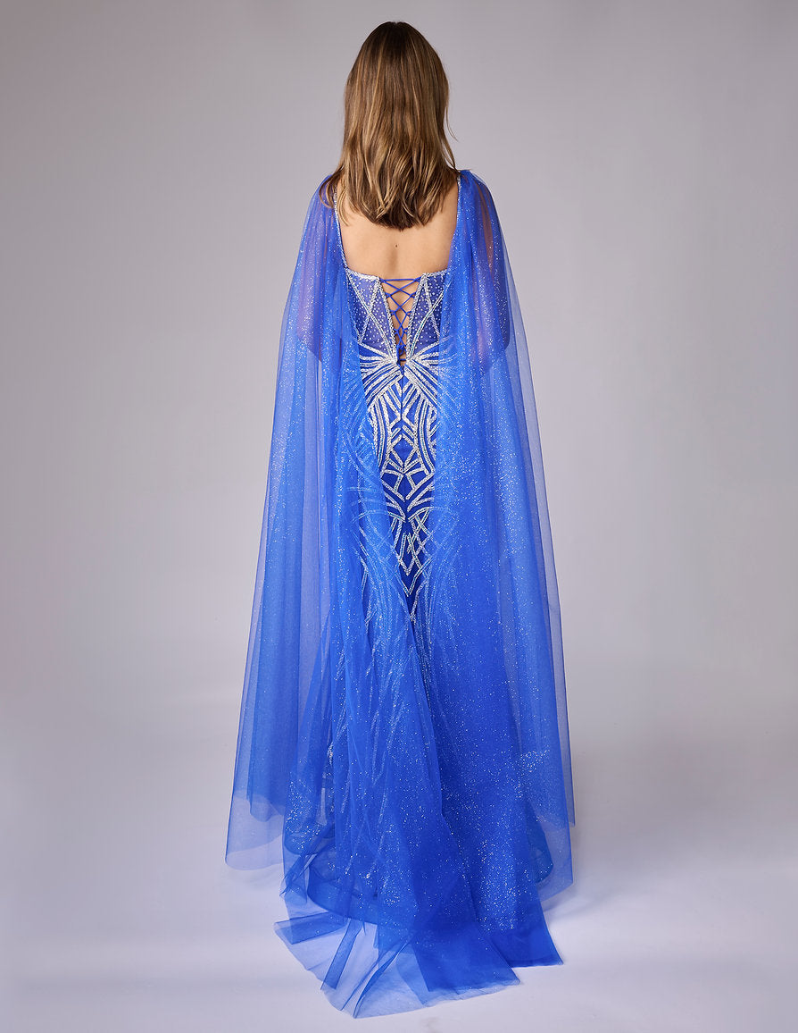Mother of the Bride Dresses Beaded Long Formal Mother of the Bride Dress - Cape - Nina Canacci 8305 Royal/Silver-Satin-8305-Beaded