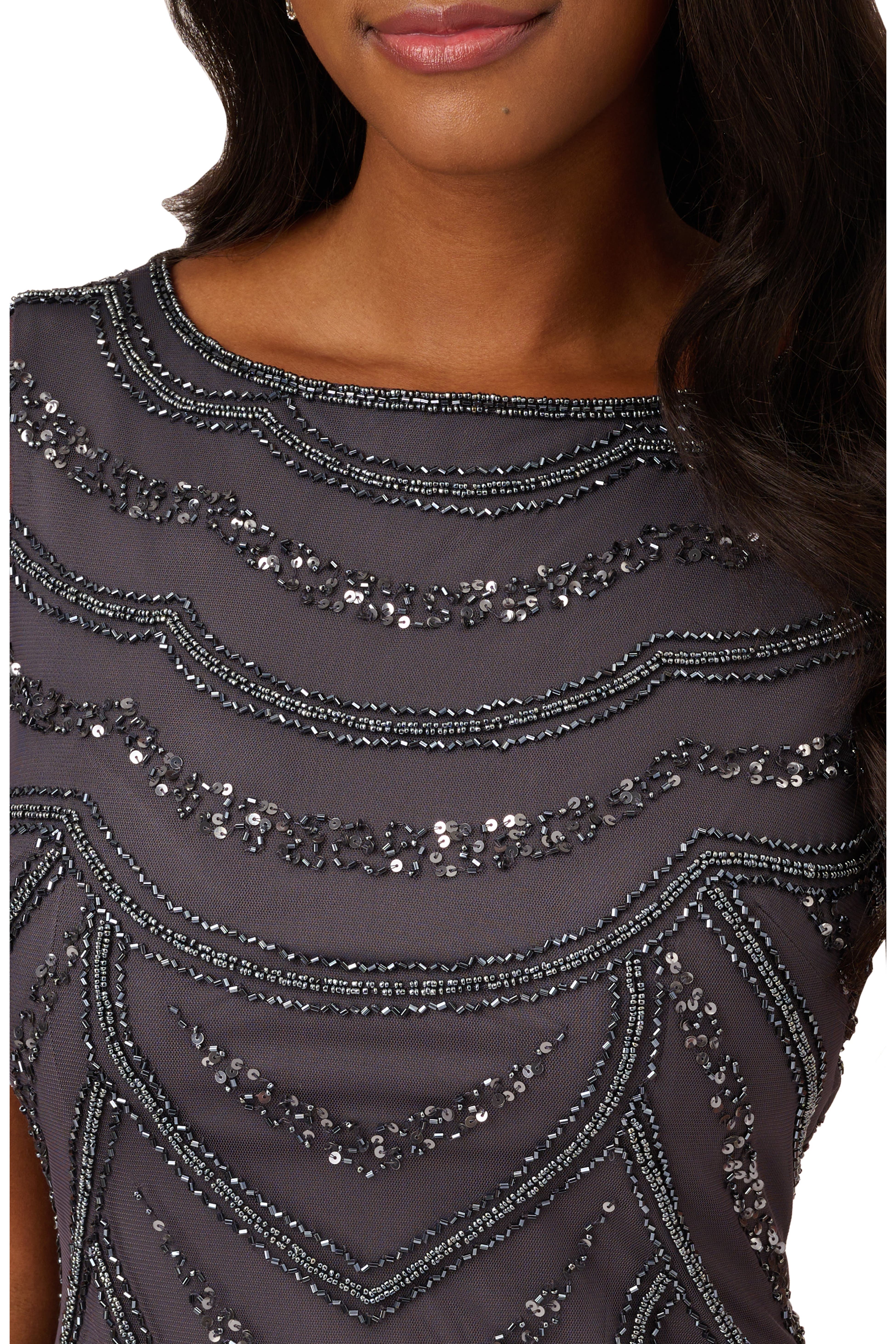 Navy Rose Gold Adrianna Papell AP1E210784 Scoop Neck Short Mesh Cocktail Dress Cap Sleeve