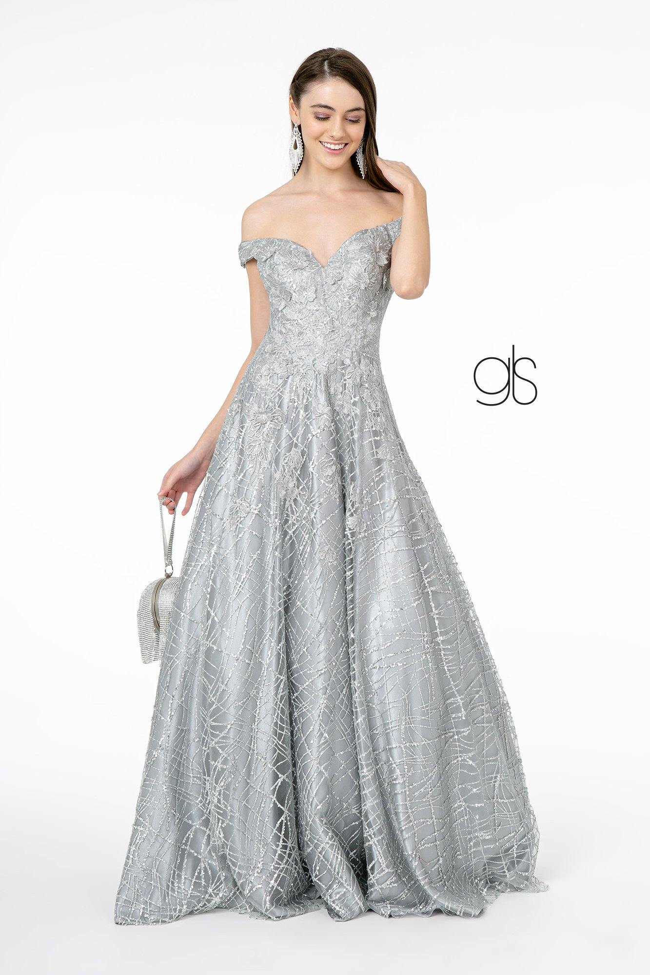 Embellished Mesh A-Line Long Prom Dress - The Dress Outlet Elizabeth K