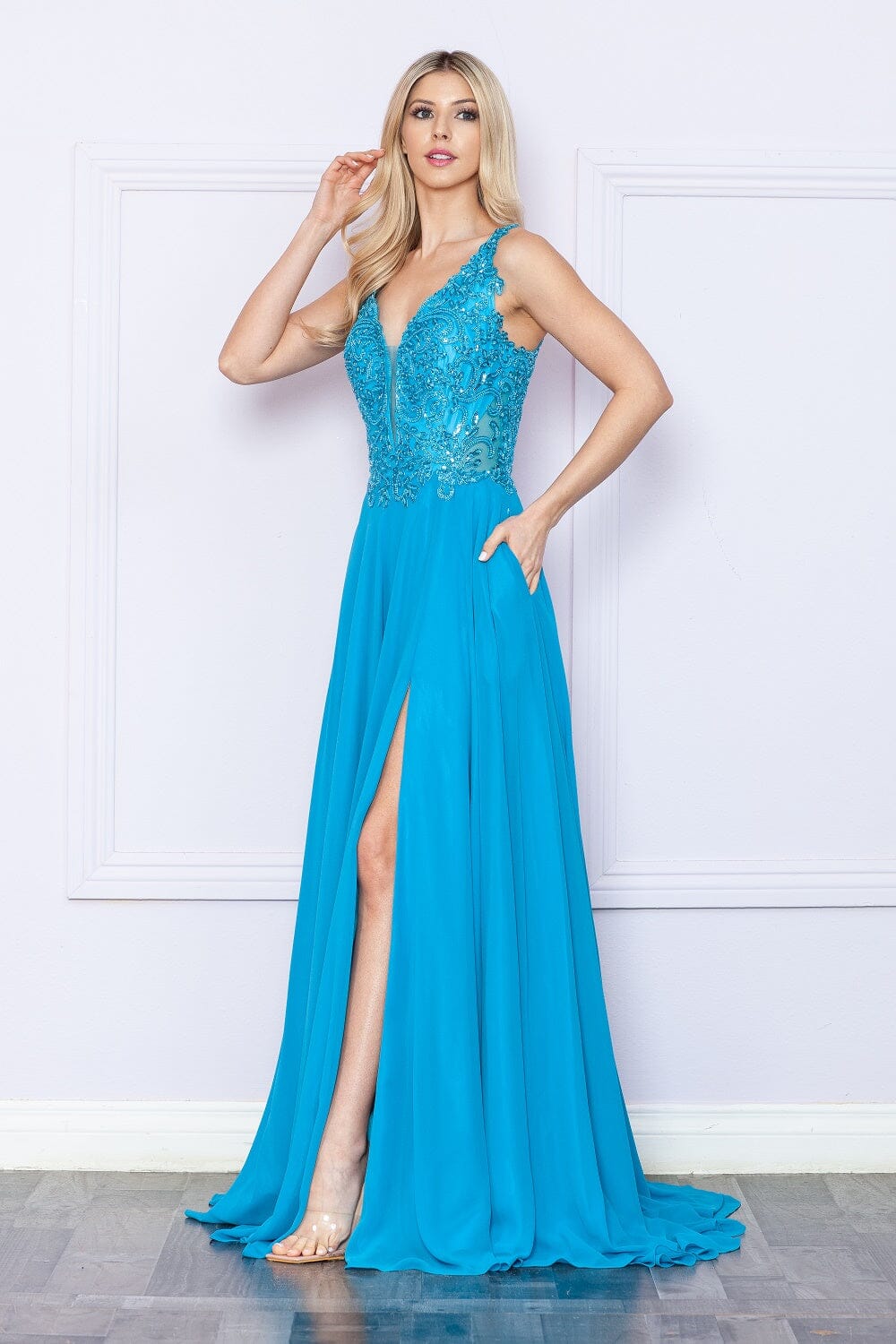 Turquoise V Neck Floor Length Sequin Chiffon Prom Dress with High Slit Formal Gown Poly USA 9366