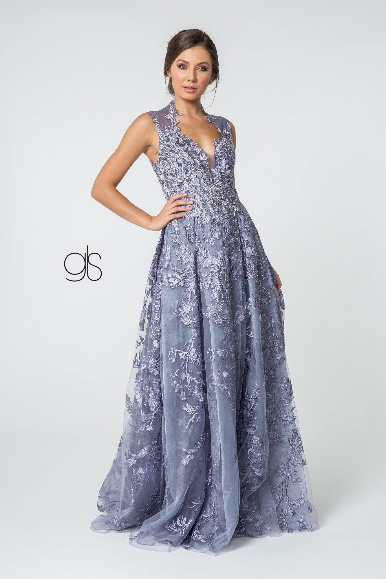 Embroidered Illusion Deep V-Neck Long Prom Dress - The Dress Outlet Elizabeth K