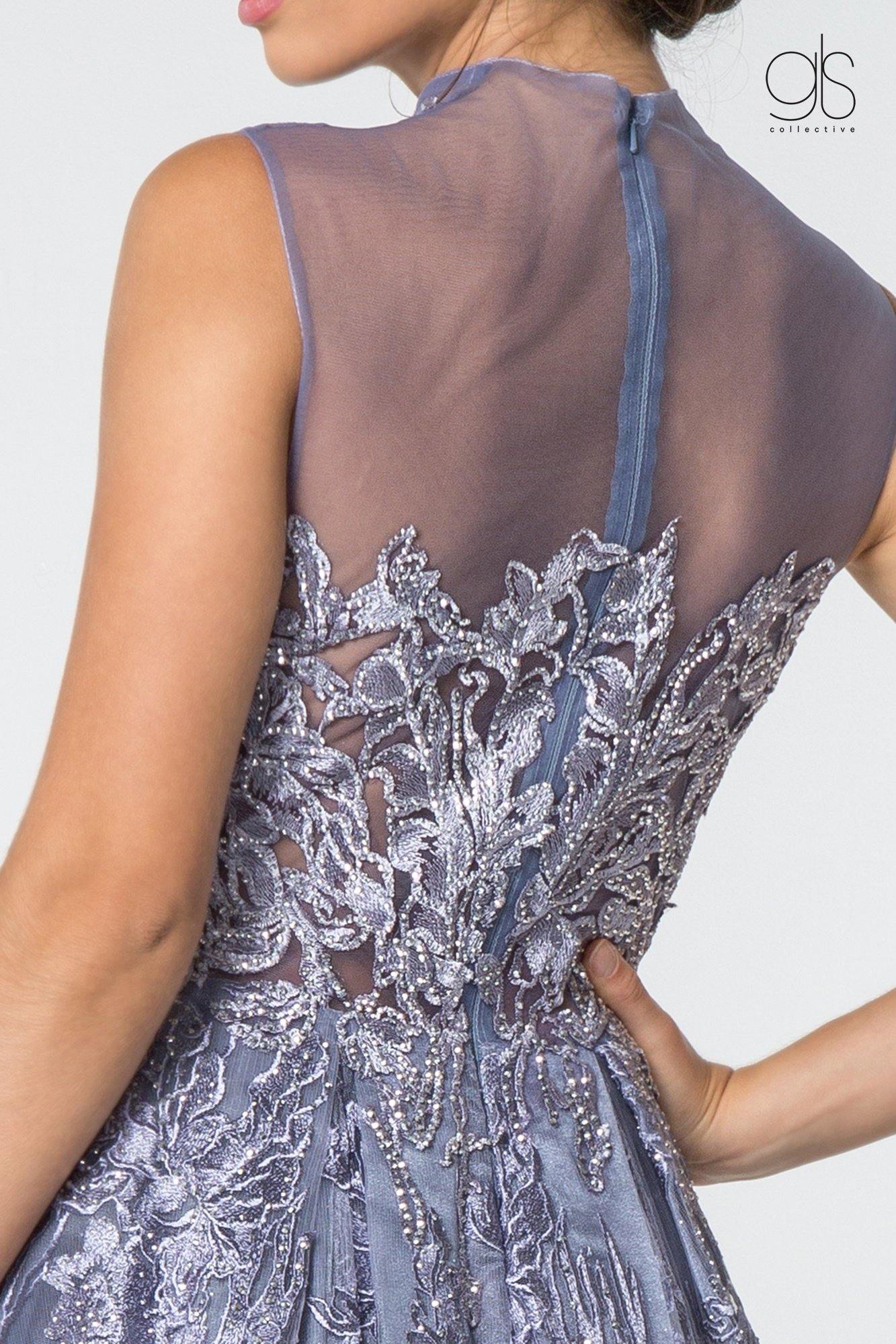 Embroidered Illusion Deep V-Neck Long Prom Dress - The Dress Outlet Elizabeth K