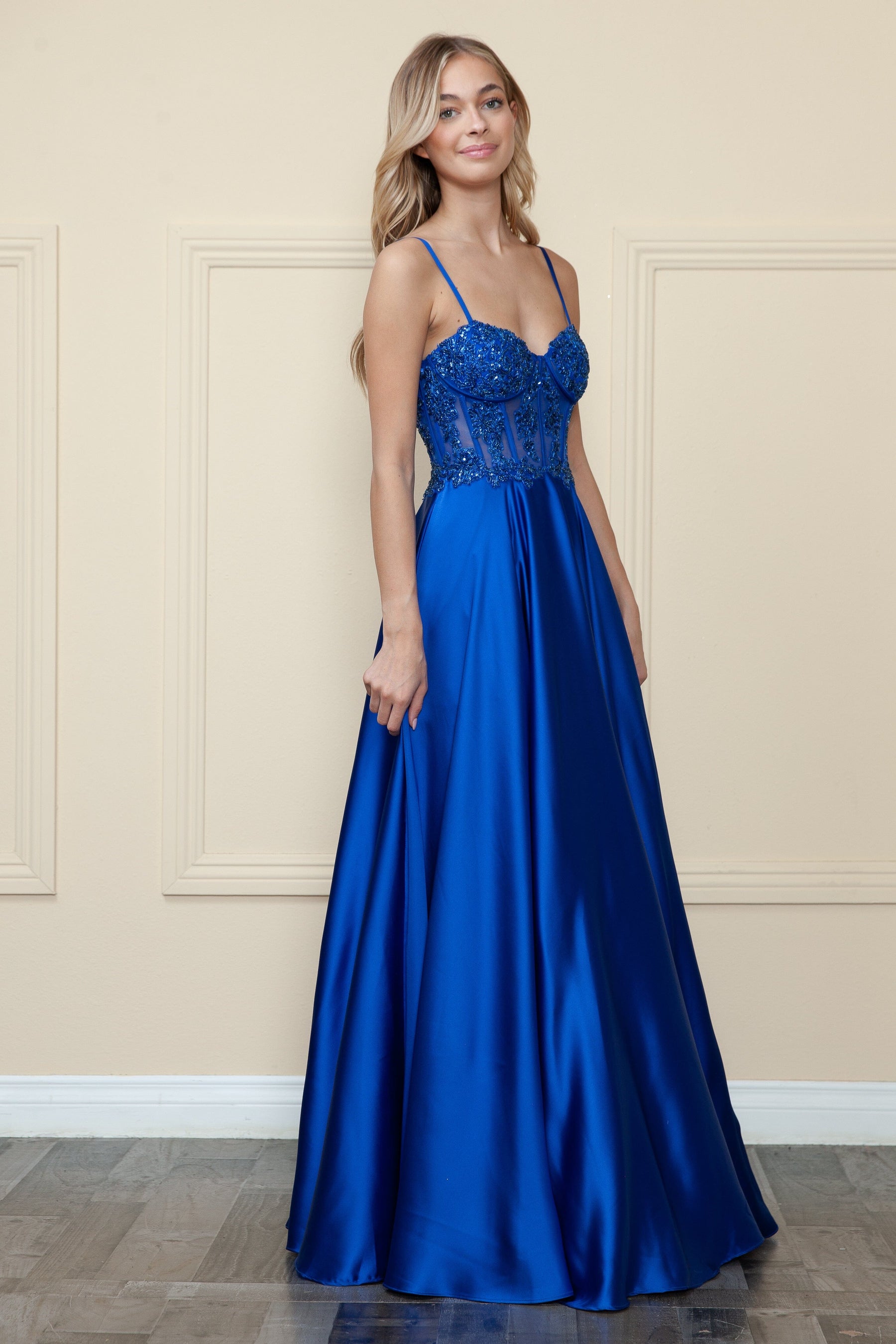 Royal Sweetheart Floor-Length Satin Prom Gown with Corset Boning Formal Gown Poly USA 9126
