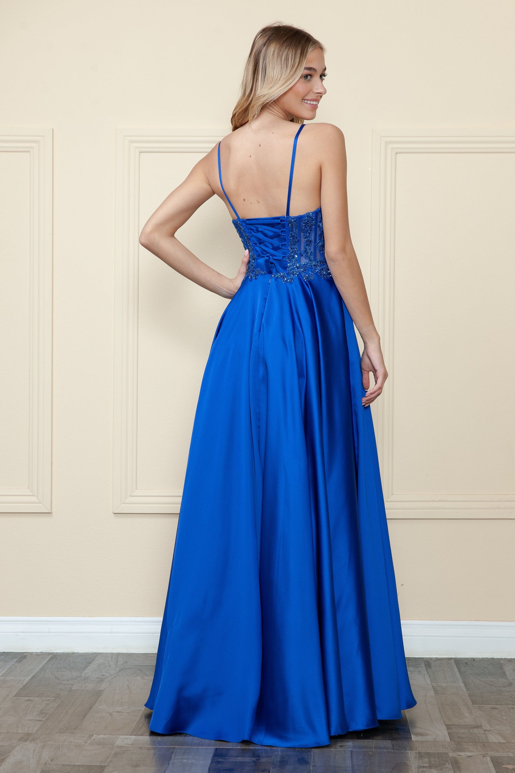 Royal Sweetheart Floor-Length Satin Prom Gown with Corset Boning Formal Gown Poly USA 9126
