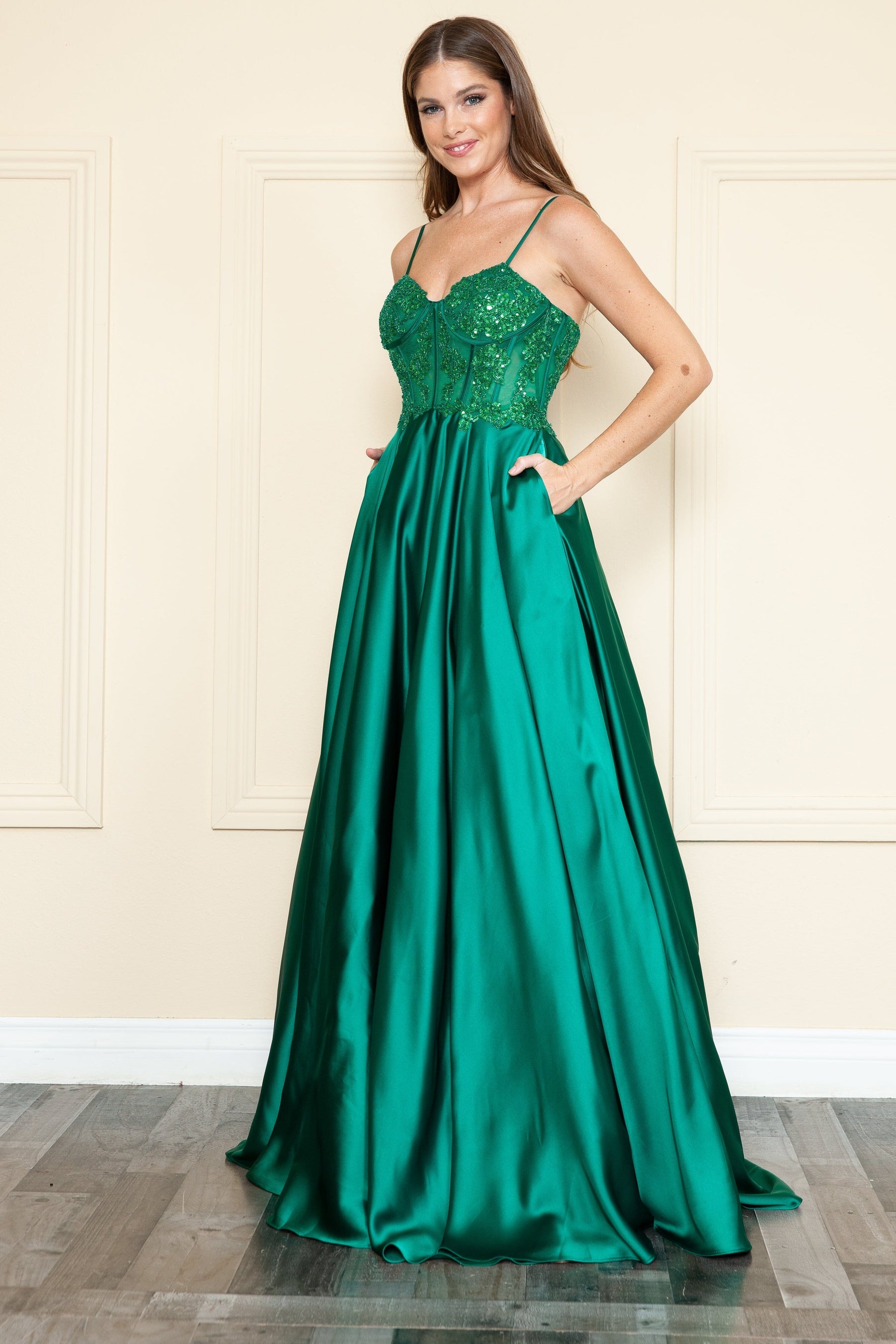Light Emerald Sweetheart Floor-Length Satin Prom Gown with Corset Boning Formal Gown Poly USA 9126
