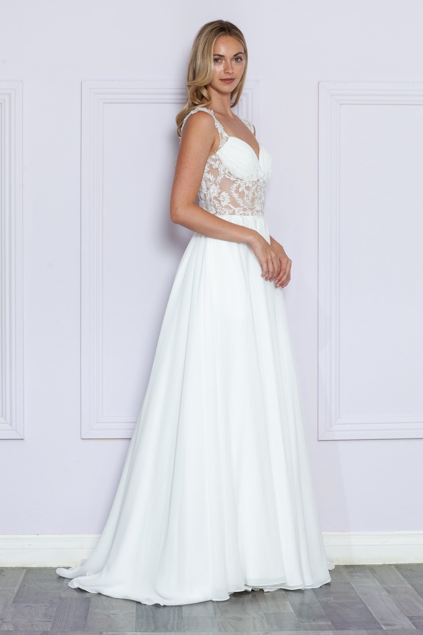 Off White Sweetheart Floor Length Chiffon Wedding Dress with Side Slit Poly USA 9376