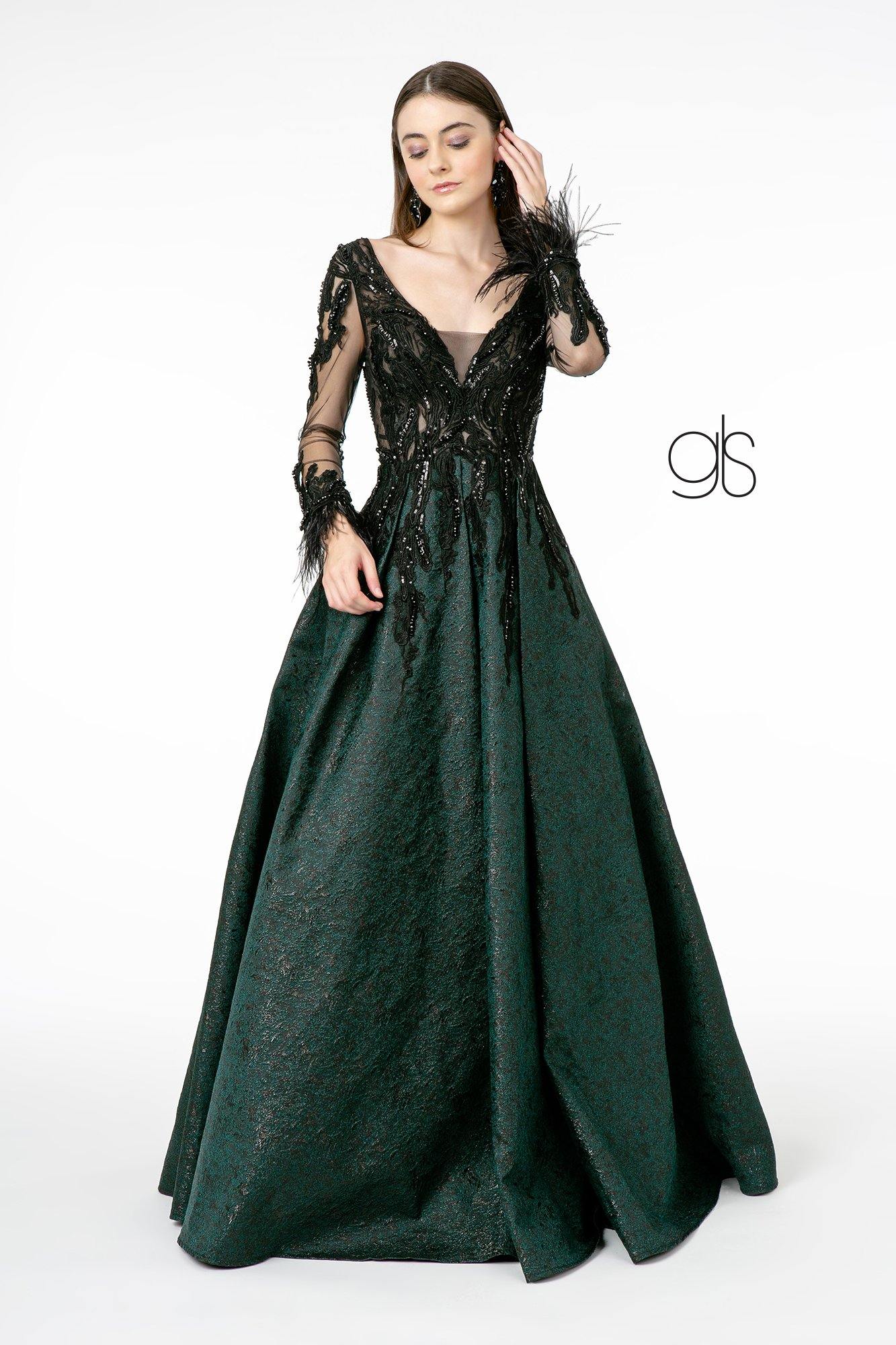 Embroidery Embellished Jacquard Long Prom Dress - The Dress Outlet Elizabeth K