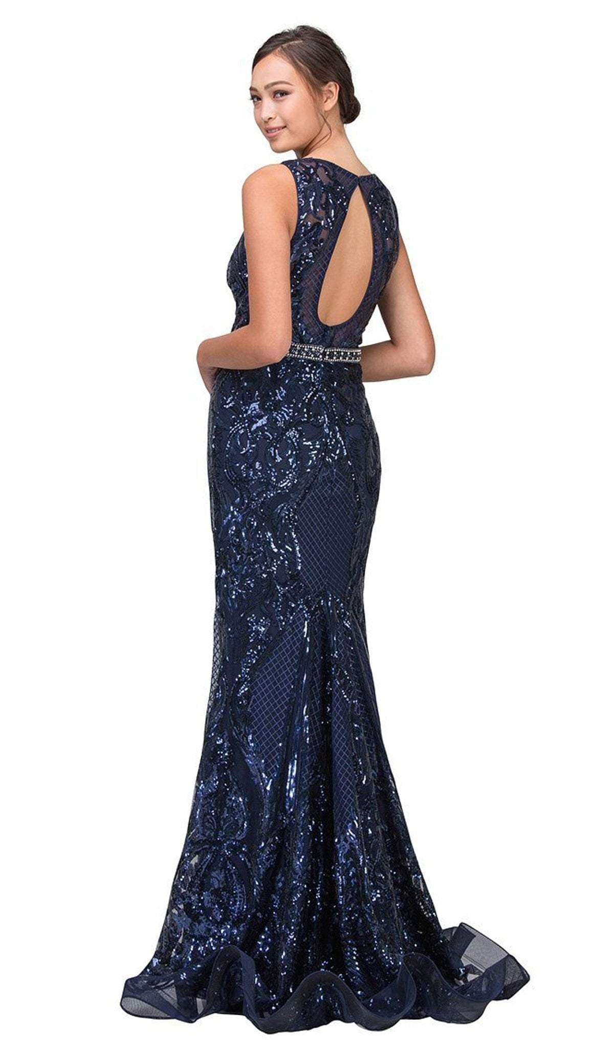 Navy Bateau Floor-Length Sequin Mesh Formal Mermaid Dress with Sweep Train Eureka Fashion 7335