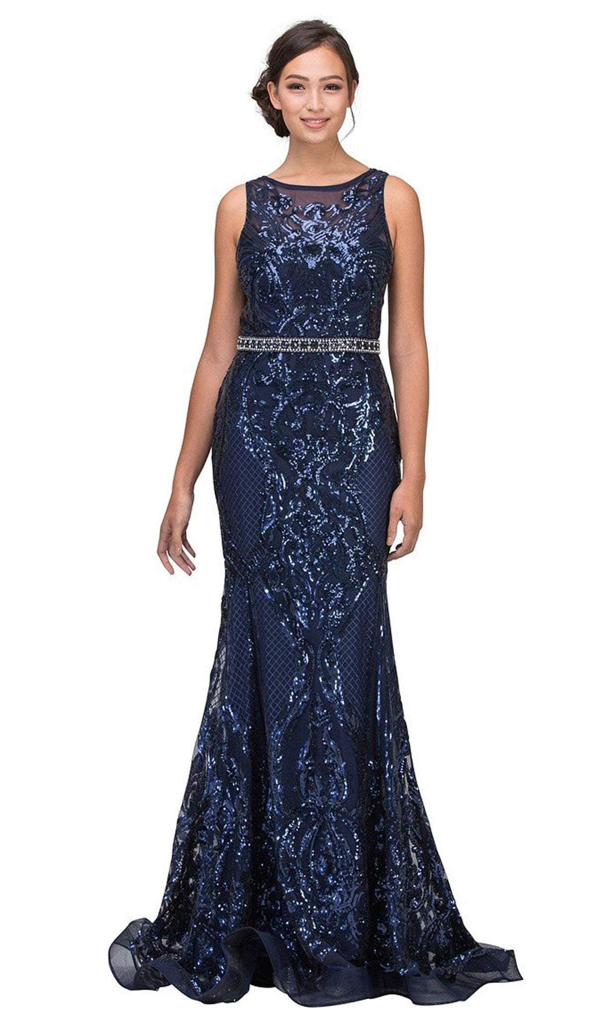 Navy Bateau Floor-Length Sequin Mesh Formal Mermaid Dress with Sweep Train Eureka Fashion 7335