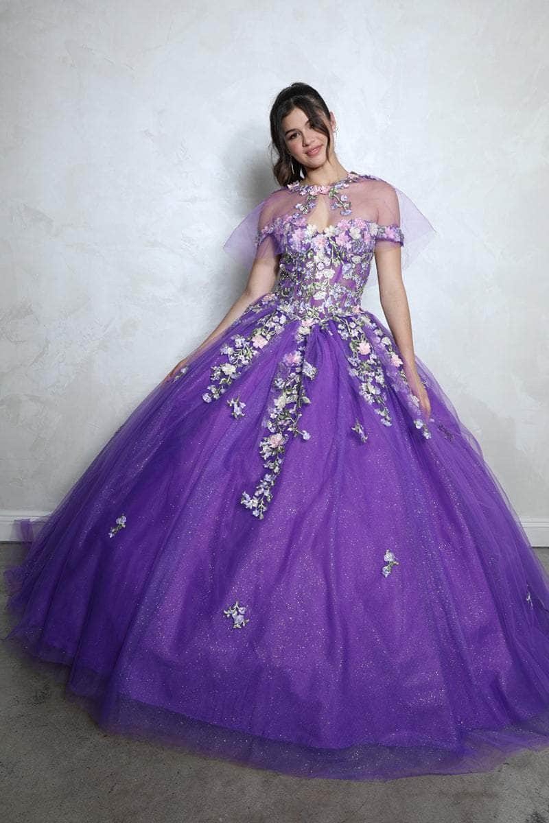 Purple Off-Shoulder Floor-Length Glitter Tulle Quinceanera Ball Gown with Floral Appliqués Eureka Fashion EK1003