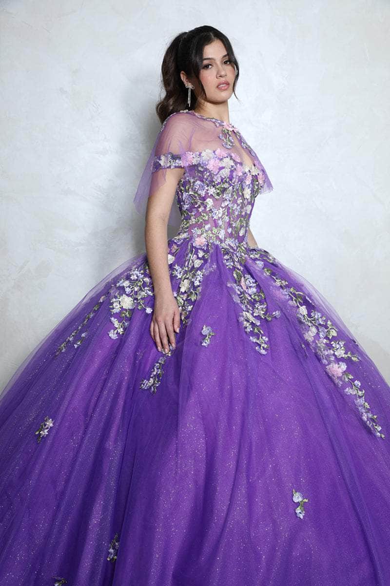 Purple Off-Shoulder Floor-Length Glitter Tulle Quinceanera Ball Gown with Floral Appliqués Eureka Fashion EK1003