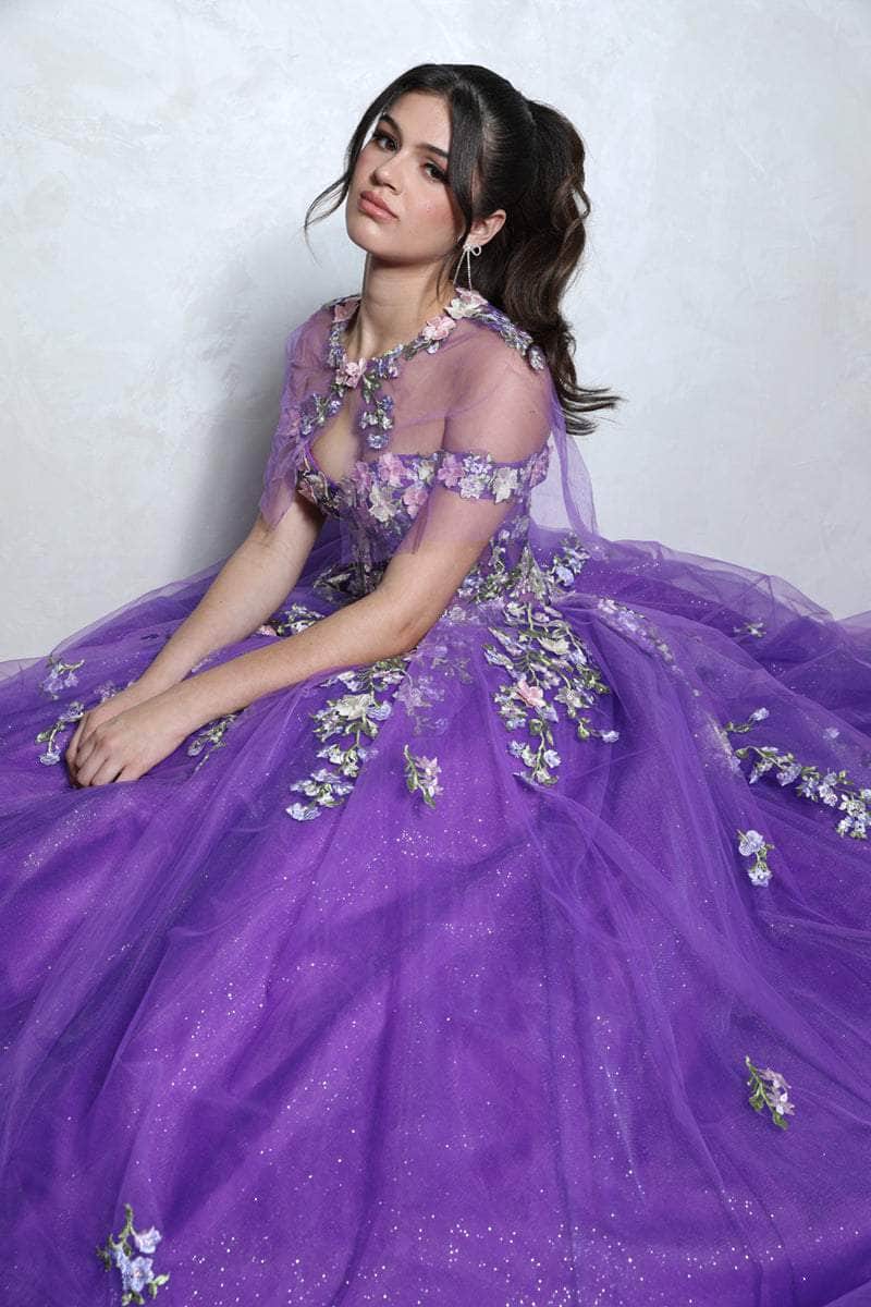 Purple Off-Shoulder Floor-Length Glitter Tulle Quinceanera Ball Gown with Floral Appliqués Eureka Fashion EK1003