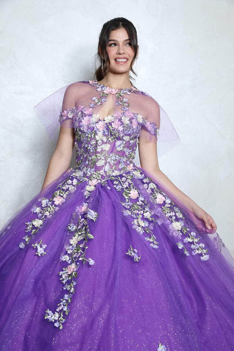 Purple Off-Shoulder Floor-Length Glitter Tulle Quinceanera Ball Gown with Floral Appliqués Eureka Fashion EK1003