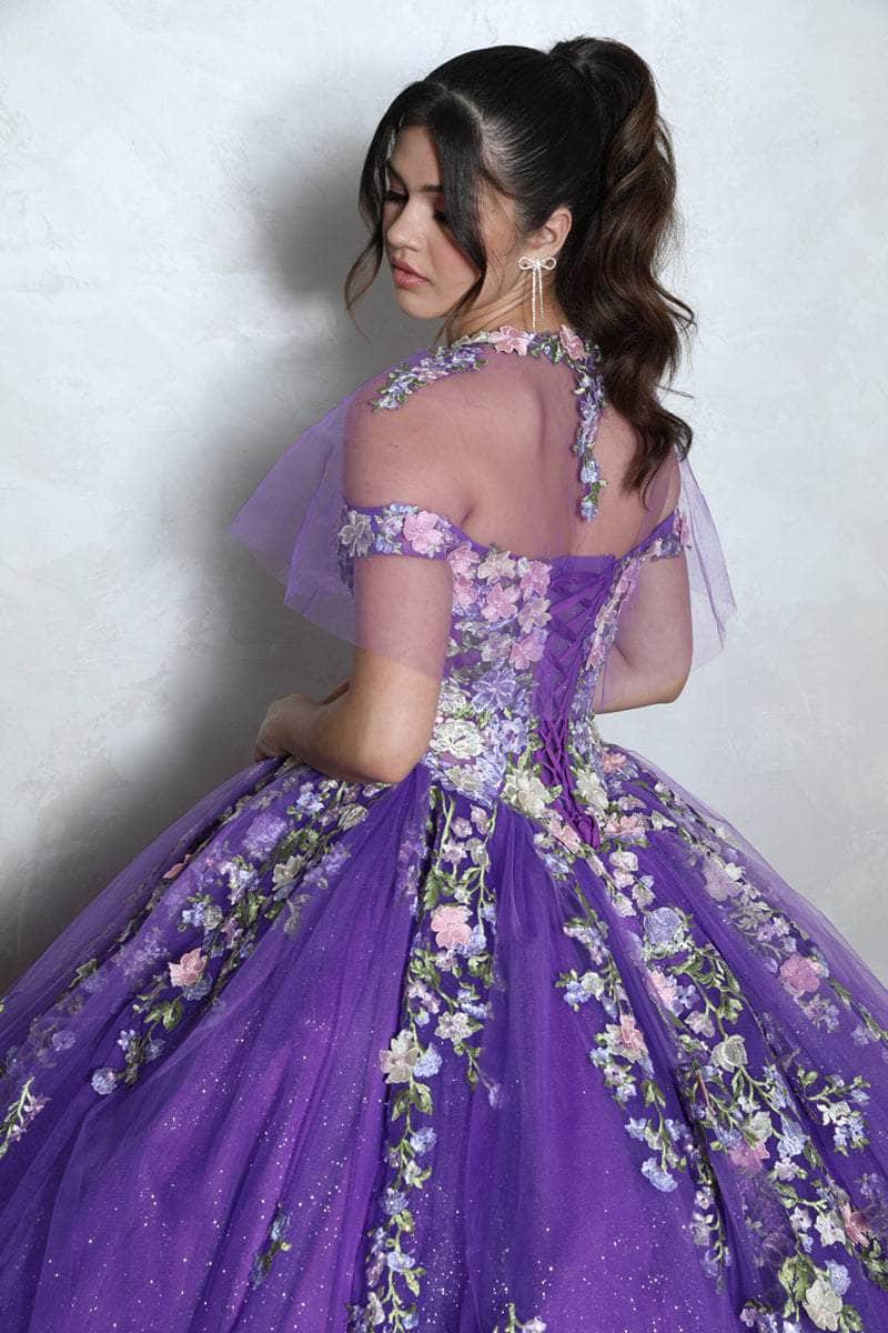 Purple Off-Shoulder Floor-Length Glitter Tulle Quinceanera Ball Gown with Floral Appliqués Eureka Fashion EK1003
