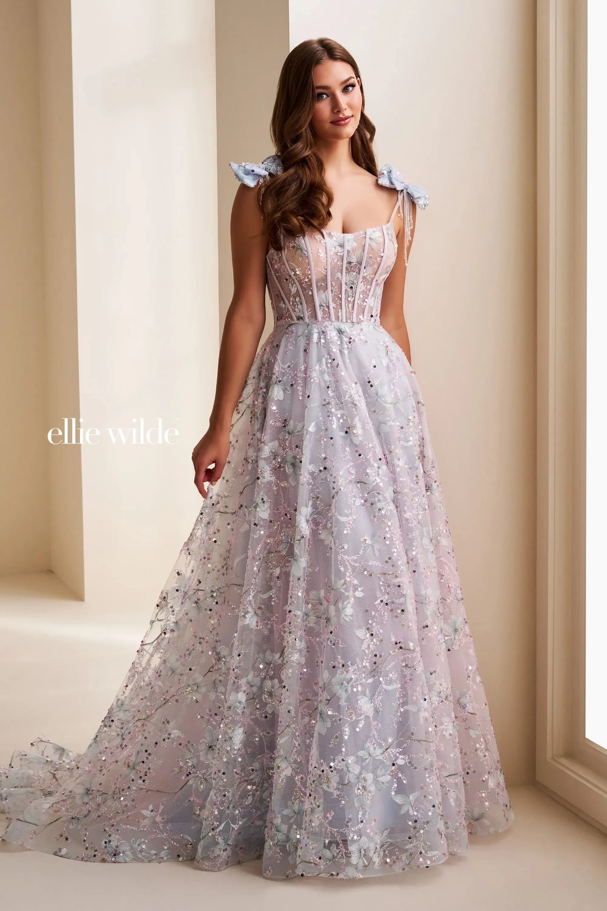 Prom Dresses Glitter Floral Print A Line Long Formal Prom Dress Ice Blue/Multi